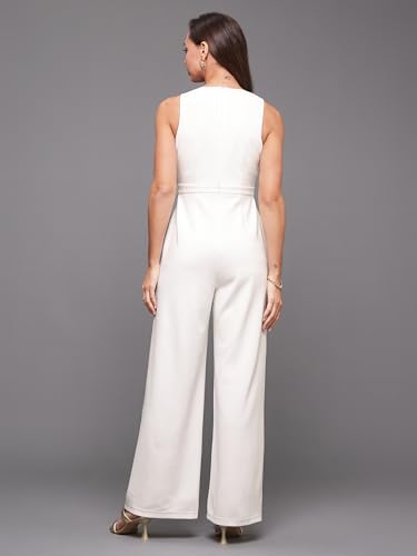 Image of Miss Chase Women's Halter Neck Sleeveless Solid Wide Leg Sequin Paneled Regular Length Jumpsuit
