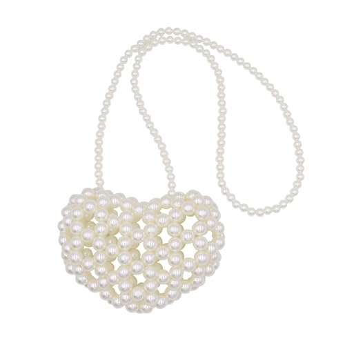 Image of Heart White Beaded Pearl Crossbody Bag Acrylic Beaded Purse Mini Wrislet Clutch Elegant Evening Bag for Party Wedding