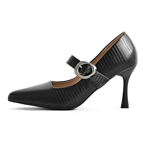 Women's Closed Pointed Toe Kitten Heel Mary Jane Pumps Elegant Leather Embossed Adjustable Buckle Strap Fashion Dress High Heels Stiletto Work Shoes2