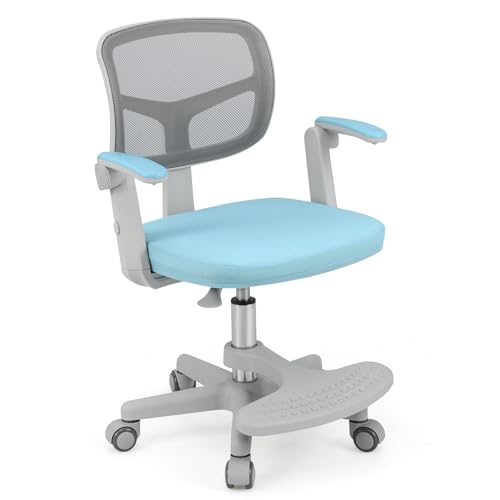 COSTWAY Silla Escritorio Juvenil, Silla Ergonómica Infantil con Asiento Giratorio 360°, Reposabrazos Ajustables, Silla Giratoria de Malla con Ruedas Universales para Niños