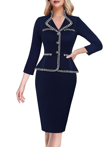 VFSHOW Womens Work Business V Neck Buttons Vintage Church Office Lapel Collared Peplum Pencil Sheath Dress