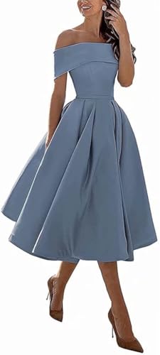 Image of Knee-Length Satin Off Shoulder Homecoming Dress Short Prom Cocktail Party Dress for Junior