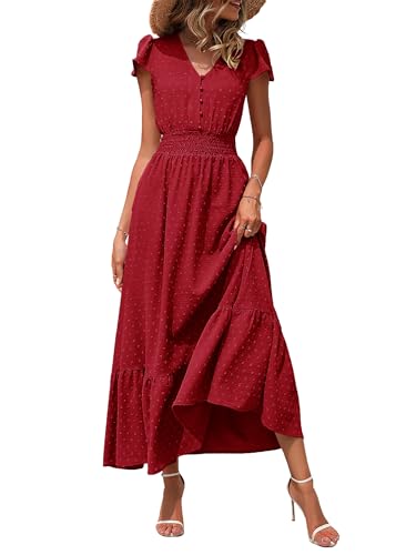 Image of CzzzyL Women Nursing Boho Maxi Dresses Cap Short Sleeve V Neck Swiss Dot High Waisted A-Line Ruffle Tiered with Pockets