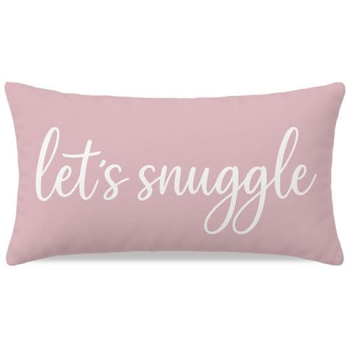 HERHOME Decorative Lumbar Pillow Cover 12x20 Inch for Bed or Sofa Couch, Pink Throw Cushion Case, Let’s Snuggle Quote for Romantic Bedroom Decor Valentine’s Gift for Her