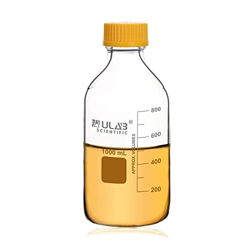 ULAB Round Media Storage Bottle, Vol.1000ml(34oz) 3.3 Borosilicate Glass Bottle with GL45 Screw Cap, URB1039