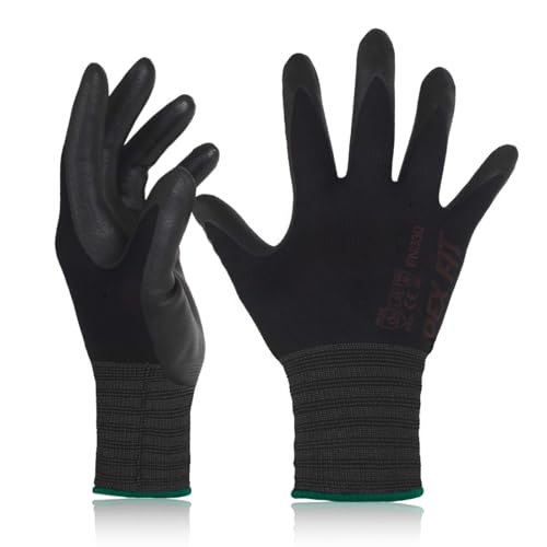 DEX FIT Nitrile Work Gloves FN330, 3D-Comfort Stretchy Fit, Firm Grip, Thin & Lightweight, Touch-Screen Compatible, Durable, Breathable & Cool, Machine Washable; Black 8 (M) 1 Pair