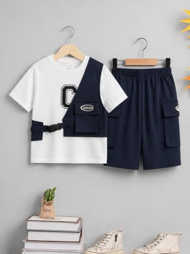 Image of Kids Boys 3-Piece Outfit Set | Half Sleeve T-Shirt, Utility Vest & Cargo Shorts with Cap | Stylish Casual Summer Clothing Set for Boys