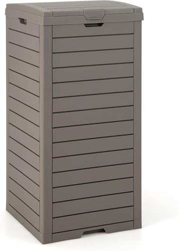 FANTASK Cubo de basura de 118 litros con tapa con bandeja extraíble y asa, cubo de basura para exterior, jardín, en marrón, resistente al agua para porche, patio trasero, terraza