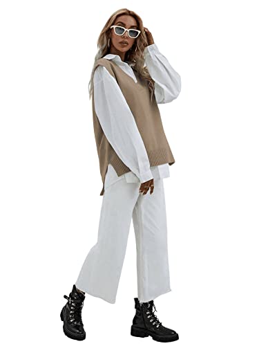 Sweatyrocks Women's Sleeveless V Neck Ribbed Knit Split Pullover Sweater Vest Khaki L #TOP3