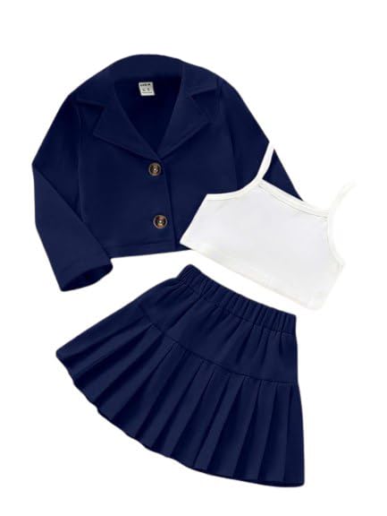 Image of Three Piece Co ord Set Dress for Girls| Jacket Top and Skirt Open Front Suits Set| Girls Clothing Set