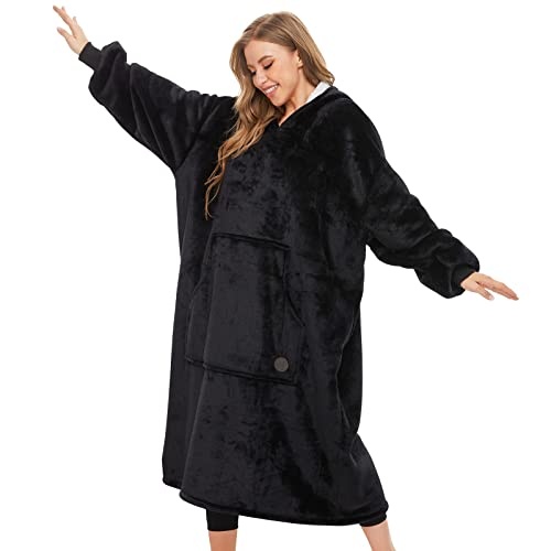 THREE POODLE Sherpa Wearable Blanket Hoodie – Adult Oversized, Black