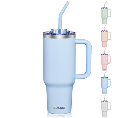 Image of COKTIK 40 oz Tumbler With Handle and Straw Lid, Vacuum Insulated Travel Coffee Mug Stainless Steel Insulated Cup for Beverages, Leak-proof, Cupholder Friendly (Silent Sky)