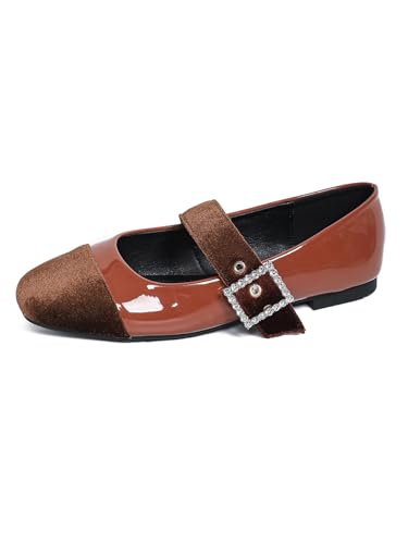 Women's Flat Mary Jane Shoes with Suede Cap Toe Dress Leather Ballet Flats with Square Rhinestone Buckle Comfortable Slip On Work Office Ankle Strap Flats