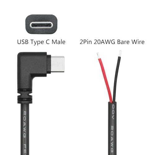 Image of USB C to 2 Pin Bare Wire Open End Power Cord 10inch, 90 Degree USB Type C Male Plug 2 Pin Pigtail Cable 20AWG 5V for USB Type C Equipment Installed or Replacement Repair DIY Cable(2Pcs