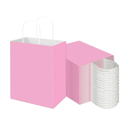 Toovip 100 Pack 8x4.75x10 Inch Medium Light Pink Kraft Paper Bags with Handles Bulk Gift Wrap Bags for Favors Grocery Retail Party Birthday Shopping Business Goody Craft Merchandise Take Out Sacks
