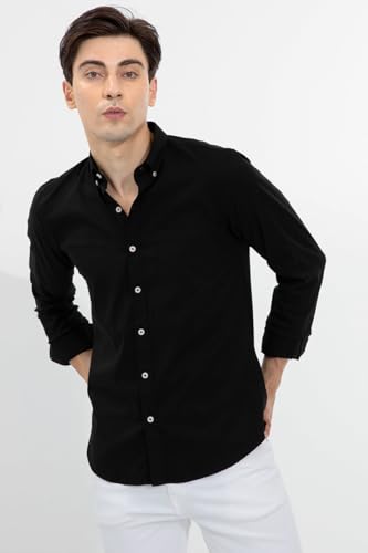 Image of SNITCH Men's Casual Shirt | Slim Fit Full Sleeve Button-Down Collar Solid Pattern | Premium Cotton & Breathable Fabric for College & Everyday Wear | Black