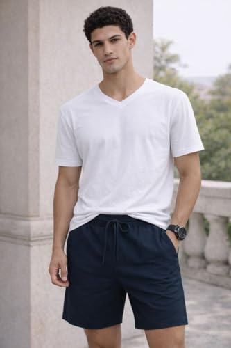 Image of Men's Solid Cotton Lounge Shorts | Premium Soft Breathable Casual Shorts with Elastic Drawstring Waist | Regular Fit Above Knee for Home, Gym & Travel