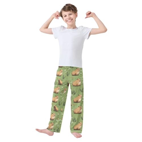 Boys' Pants Brown Capybaras Green Leaves Long Bottoms Jogger Pants Elastic Waist Trousers with Pockets S-XL2