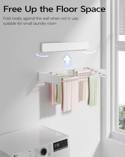 Vikaqi Wall Mounted Clothes Drying Rack 23.6", Foldable Wall Mount Laundry Rack Folding Indoor, Drying Rack Clothing Collapsible, Hidden Space Saver with Wall Template, 5 Rods, White