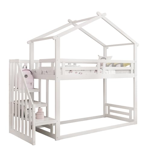 SOFTWEARY Etagenbett, 90x200 cm, Kinderbett mit 2 Schlafgelegenheiten, Lattenrost, Treppe und Rausfallschutz, Hausbett aus Kiefer