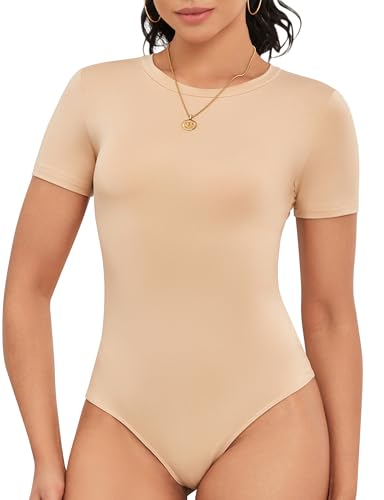 Image of Cute Short Sleeve Tank Tops Bodysuit for Women Crew Neck Casual 2026 Summer Tops