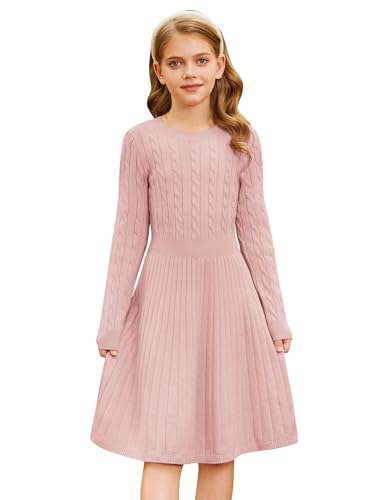 GRACE KARIN Mädchen Langarm Strickkleid Elegant Prinzessin Rundhals Festlich Kleid für Hochzeit Rosa 12-13 Jahre