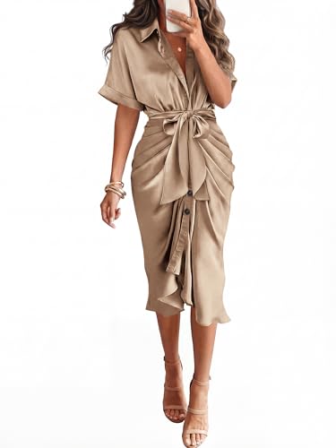 BTFBM Dresses for Women Summer Button Short Sleeve Silk Satin Ruched Spring Maxi Dress 2026 Cocktail...