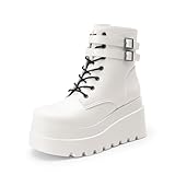 DREAM PAIRS Women Platform Combat Ankle Boots Goth Chunky High Heel Lace Up Motorcycle Booties,Size 7,White,DWUMAB2519