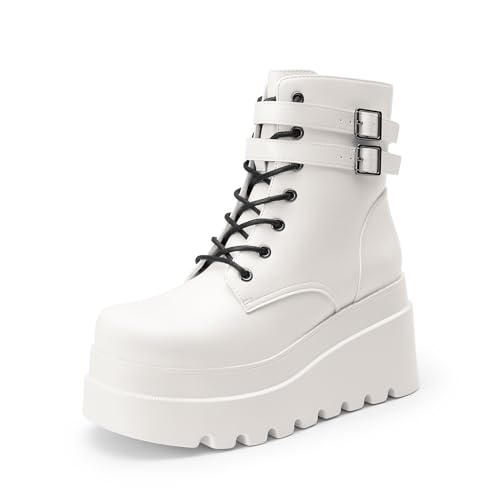 DREAM PAIRS Women Platform Combat Ankle Boots Goth Chunky High Heel Lace Up Motorcycle Booties,Size 8.5,White,DWUMAB2519