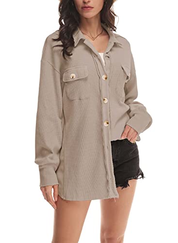 Nirovien Womens Waffle Knit Shacket Oversized Button Down Shirt Jacket Lightweight Spring Outfits Clothes3