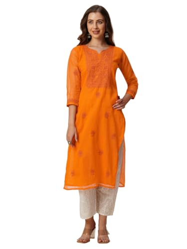 Image of RATAN Muga Cotton Straight Lucknowi Chikankari Ethnic Wear Kurta for Women