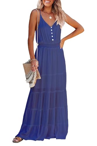 Awemeal Damen Sommer Lang Kleid Sexy V Ausschnitt Sommerkleid Trägerkleid Elegant Hohe Taille Abendkleid Einfarbig Fließend Maxikleid Strandkleid （L, Blau）