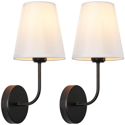 Image of Modern Hardwired Wall Sconce Set of 2 - Matte Black Finish with White Fabric Shades,Farmhouse Bedroom & Living Room Lighting, Hallway, Fireplace, Bathroom