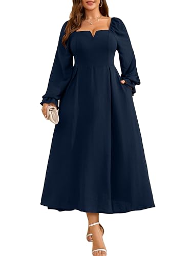 RWJ Long Sleeve Dress for Women 2025 Fall V Neck Elegant Flowy Plus Size Formal Wedding Guest Maxi Dresses with Pockets