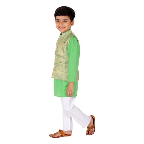 Image of Superminis Boy's Cottton Kurta Cotton Brocade Printed With Golden Thread Work Nehru Jacket and Elastic Closure Pyjama Set