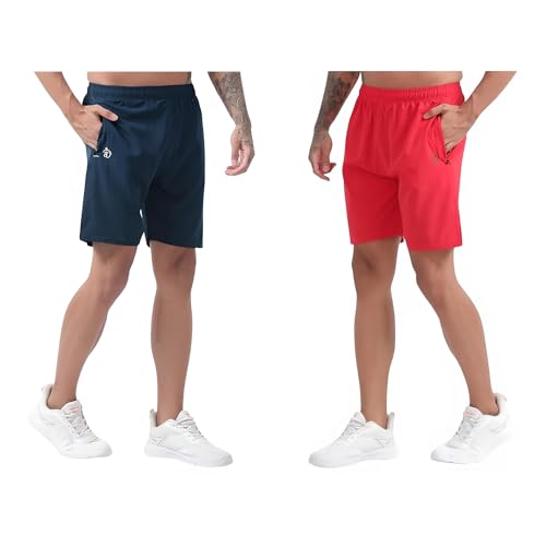 Image of BLUE STAR SHARK Athletic Sports Shorts for Men with Zip Pockets and Elastic Waistband Quick Dry Lightweight Activewear Combo - Pack of 2