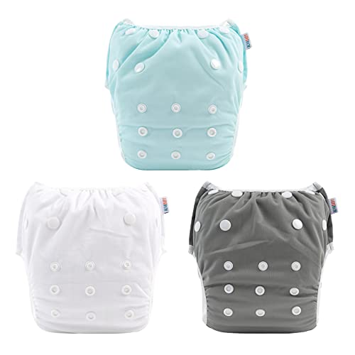 Image of ALVABABY Baby Swim Diapers 3pcs One Size Reuseable Washable & Adjustable for Swimming Lesson & Baby Gifts Blue Gray White 3SWY18