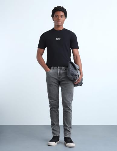 Image of Flying Machine Washed Black Cotton Blend Slim Tapered Men's Jeans