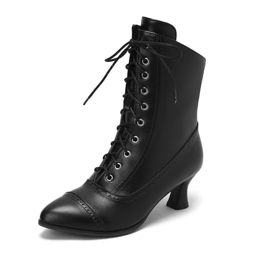 SHEMEE Kitten Heels Ankle Boots for Women Vintage Victorian Style Lace-Up Booties Mid Heels Zipper Shoes with Buckled