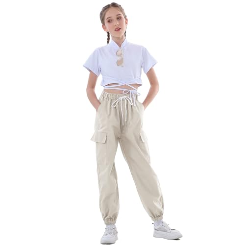 Image of Rolanko Girls Cargo Pants for Kids Loose Streetwear Hip Hop Dance Cotton Cargo Jogger Pants for Kids 4-15 Years