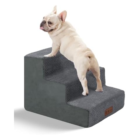GGIB Grey Dog Stairs for Small Dogs, Pet Stairs for Beds and Couch, 14" H, Pet Steps with Non-Slip Bottom and High-Density Foam, 3-Tiers Cover