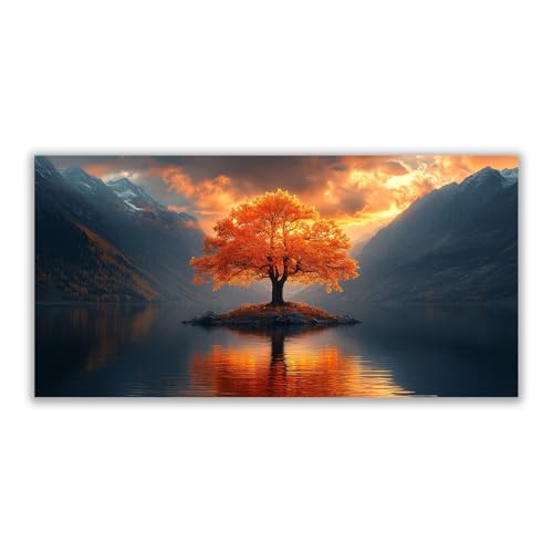 Tableau decoration murale salon moderne grand format 80x160cm arbre de la vie jaune