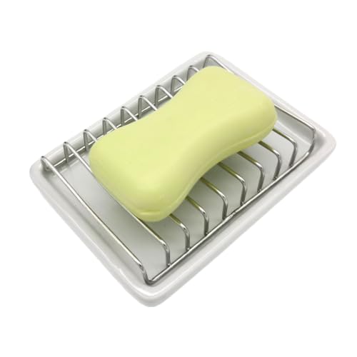 Bolagar Ceramic Soap Dish with Stainless Steel Drain Tray Self Draining Soap Holder Sponge Holder Soap Dishes for Shower Bathroom Kitchen Sink
