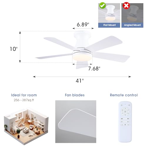 Image of 41 inchSmall Modern White Low Profile Ceiling Fans with Light and Remote | Flush Mount ,Super Large Airflow with 6 Wind Speeds, Reversible, Dimmable 3 CCT LED, 30W DC Motor,Suits for Bedroom Kidsroom