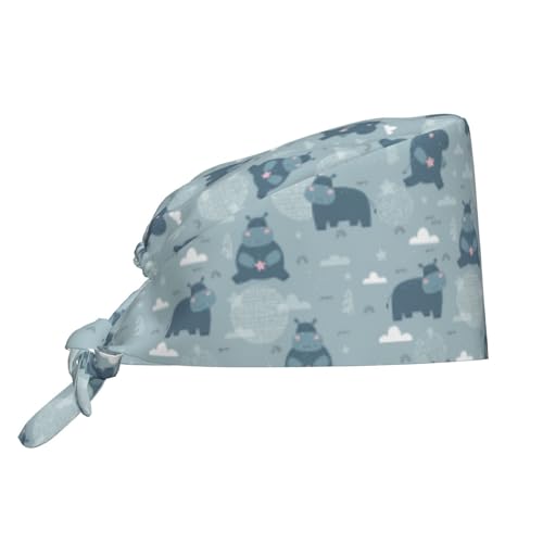 Kuilepa Cute Hippopotamus Print Working Caps With Sweatband Adjustable Working Hats Elastic Scrub Hats Nurse Scrub Cap Nurse Hats
