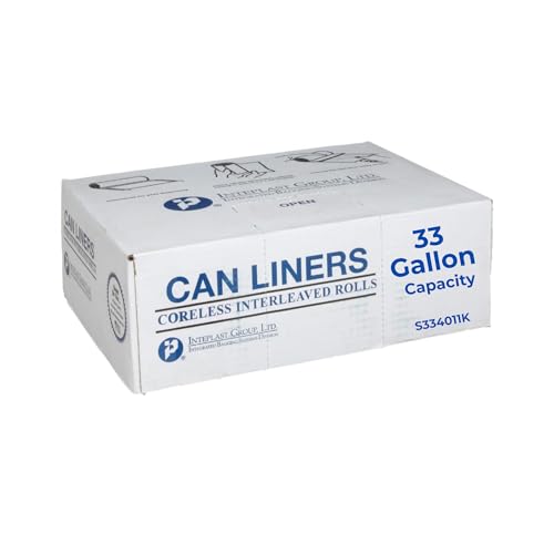 Image of Inteplast 33 Gal Capacity Coreless Roll Trash Can Liner, 33 x 40 Inches, 11-Micron Thickness, Black Color, 25 Bags per Roll, 20 Rolls (500 Count) | S334011K