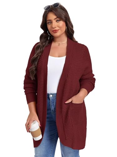 Image of LARACE Long Cardigans for Women Plus Size Tops Open Front Sweaters with Pockets Waffle Ribbed Sleeve Loose Fall Outwear
