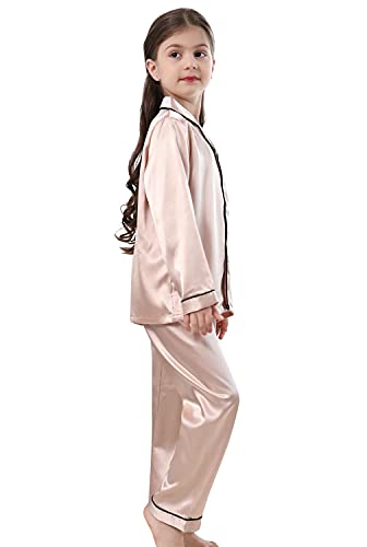 Image of Pajamas Kid Unisex Pjs Set Girls Boys Silk Pajamas Set Satin Long Sleeve 2 Piece Clasic Sleepwear for 2-12 Years Todder