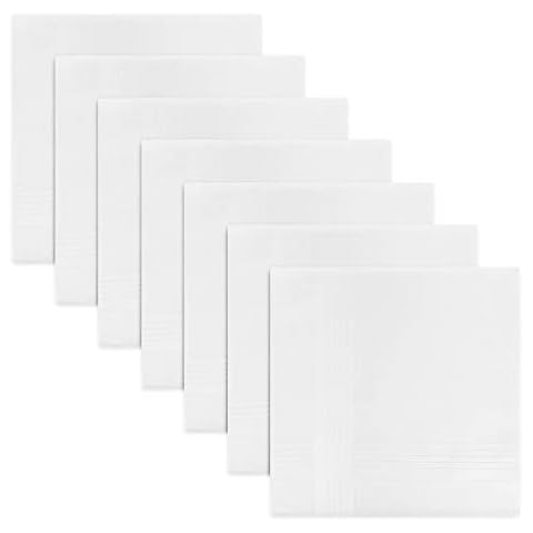 Pack Of 7 Mens/Gentlemens White Handkerchiefs With Satin Stripe Borders, 100% Cotton, 40 x 40cm Cover