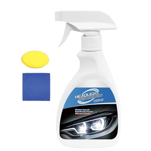 Kit de restauración de faros, juego de pulido de 355 ml para faros opacos y ciegos, kit de restauración de lentes de faros, spray de renovación con esponja y toalla, limpiador de faros delanteros para